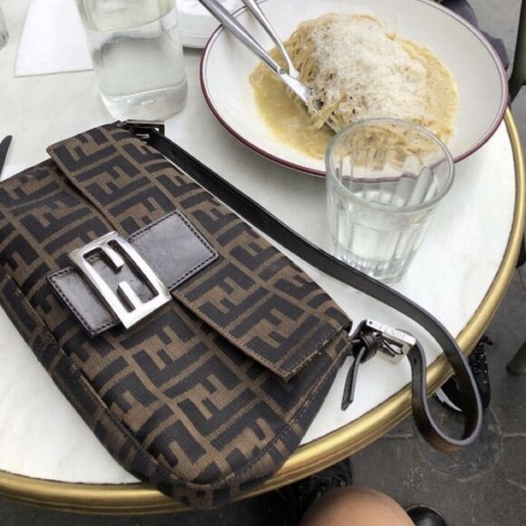 Authentic FENDI Zucca Mamma Baguette Canvas Leather Shoulder Bag Brown Tan - Picture 6 of 15